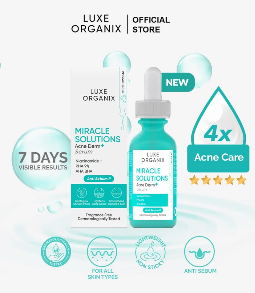 LUXE ORGANIX MIRACLE SOLUTIONS ACNE DERMA SERUM 30ML - LUXE ORGANIX FACIAL SERUM